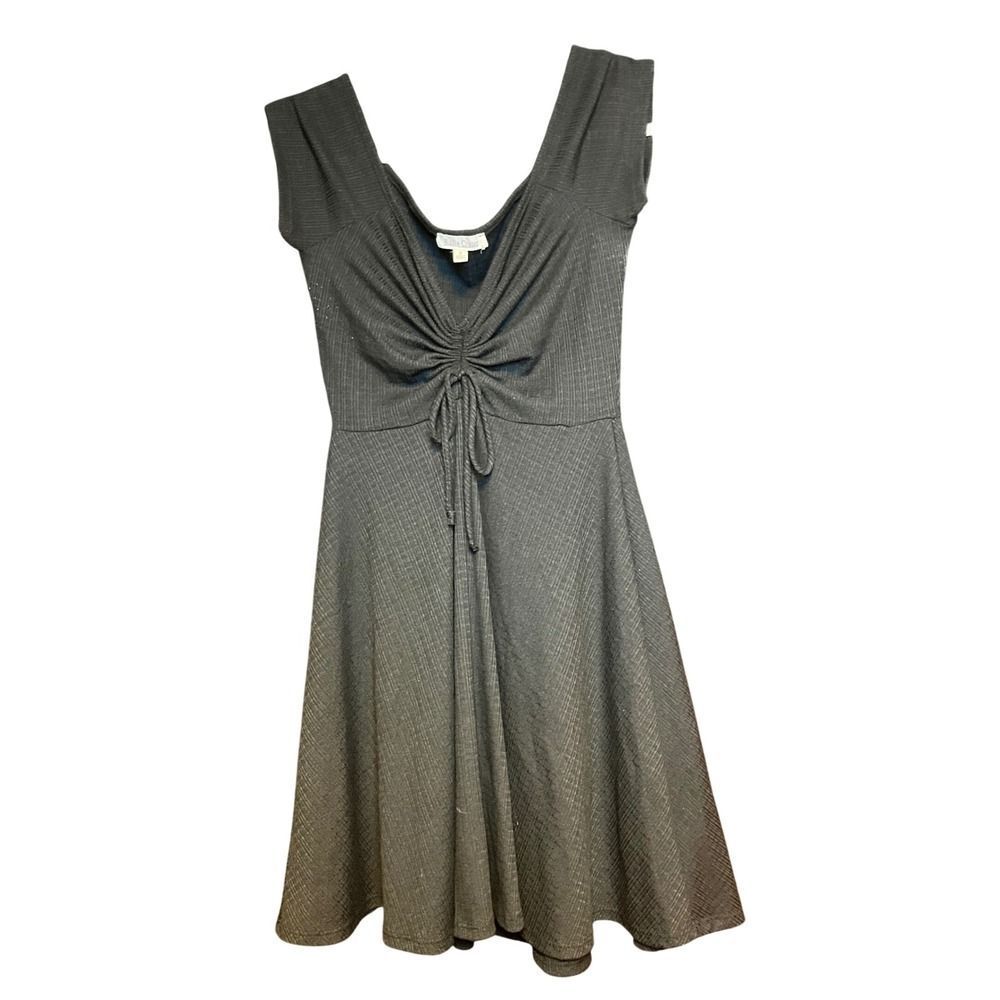 Rolla Coster Womens Black Ribbed Knit Ruched Tie Front Fit Flare Skater Dress S